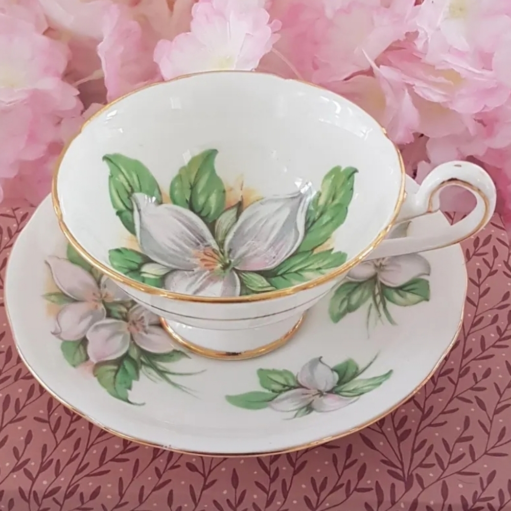 Royal Stafford White Trillium Bone China Vintage Tea Cup and Saucer England